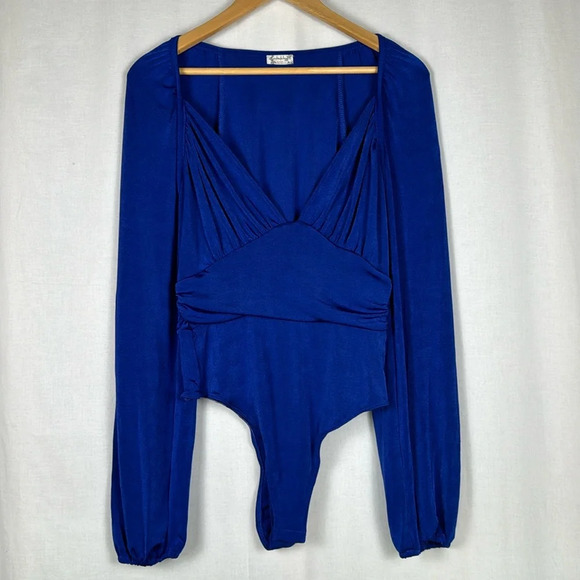 Free People Intimately In Your Arms Bodysuit Electric Blue Size M Plunging Neck - Picture 2 of 12